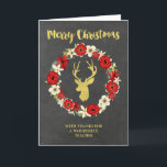Chalkboard Guld Hjort Wand-jullärare Helgkort<br><div class="desc">god jul för ett hälsningskort för lärare med land,  rustik kalktavla mönster,  rött och vitt blommigt och hjort med guld med antlers.</div>