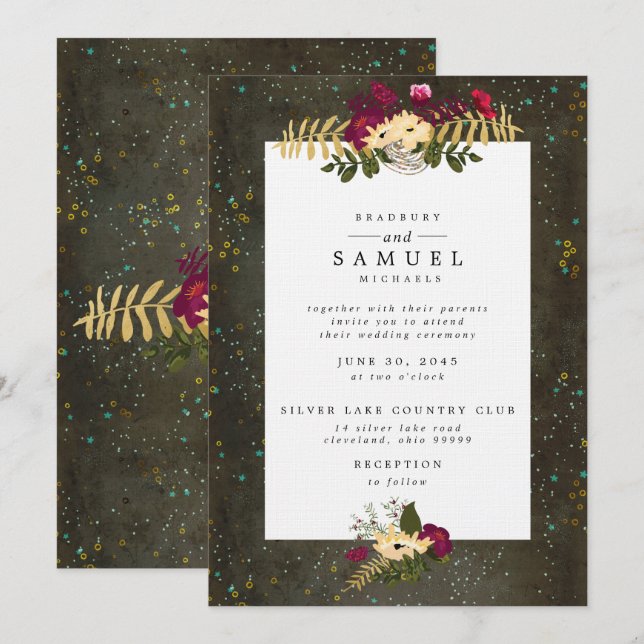 Chalkboard Guld Silver Stars Constellation Bröllop Inbjudningar (Fram/baksida)