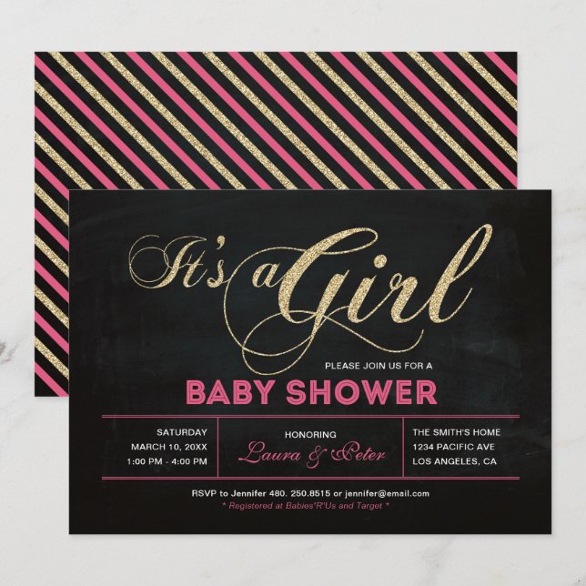 Chalkboard, Guld | Typografi Girl Baby Shower Inbjudningar (Fram/baksida)