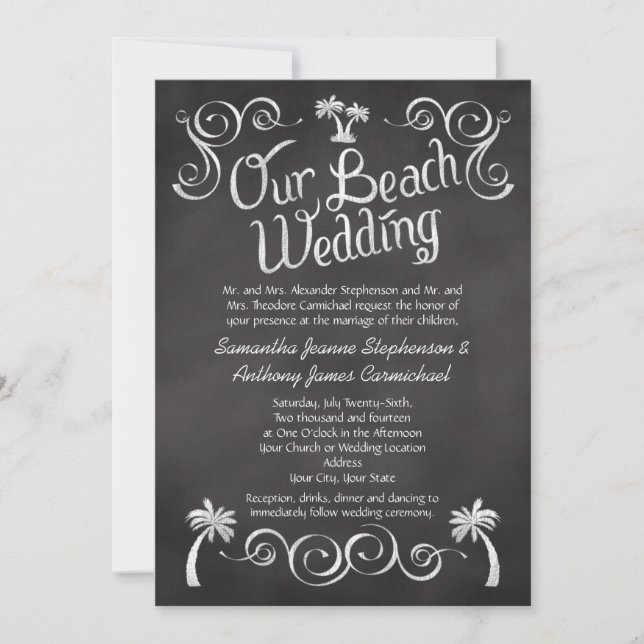 Chalkboard Handflatan Träd Beach Wedding Inbjudningar (Framsida)
