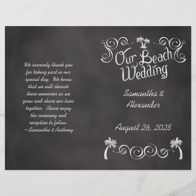 Chalkboard Handflatan Träd Beach Wedding Programme (Framsida)
