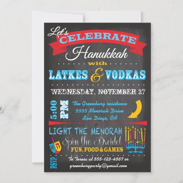 Chalkboard Hanukkah Latkes & Vodkas inbjudningar (Framsida)