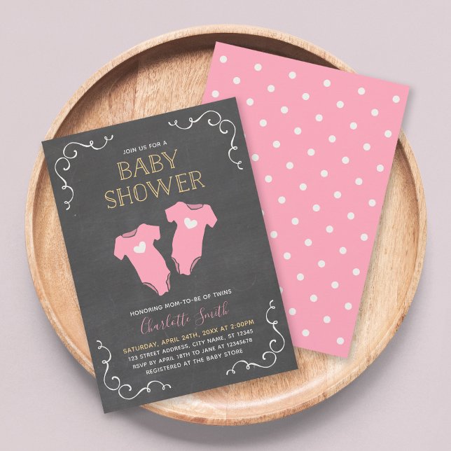 Chalkboard Hearts Twin Girls Rosa Baby Shower Inbjudningar (Skapare uppladdad)