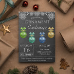 Chalkboard Helgdag Ornament Exchange Party Inbjuda Inbjudningar<br><div class="desc">Inbjudan dina gäster med den här inbjudan till elegantens dekorationspartier med modern typografi och vackra bubblor mot en kritbakgrund. Lägg bara till din händelseinformation i den här mallen som är enkel att använda för att göra den till en inbjudan av typen en. Vänd kortet över för att visa en vacker...</div>