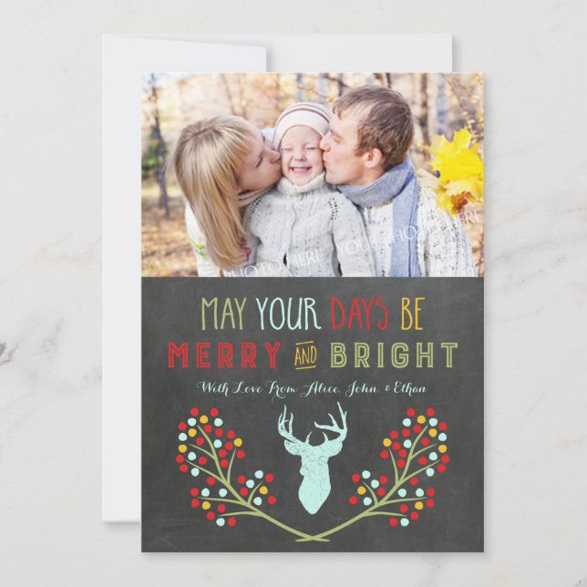 Chalkboard Hjort Antlers Blommigt julkort (Framsida)