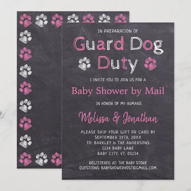 Chalkboard Hund Rosa Girl Baby Shower by Mail Inbjudningar (Fram/baksida)