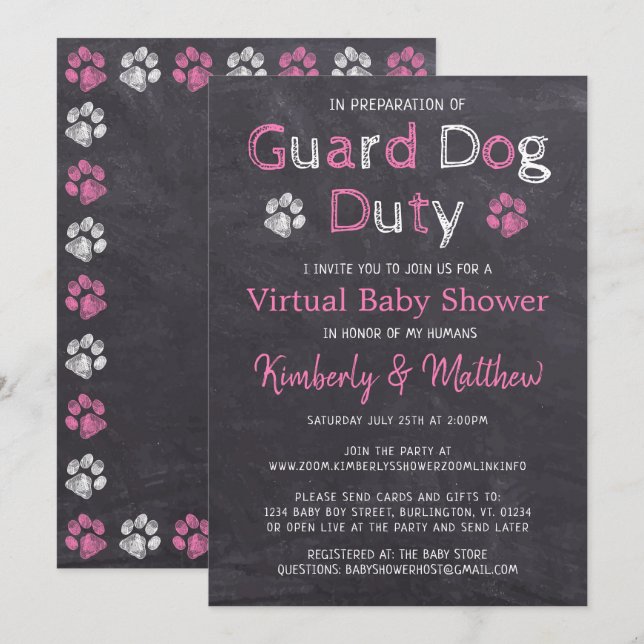 Chalkboard Hund Rosa Girl Virtuellare Baby Shower Inbjudningar (Fram/baksida)