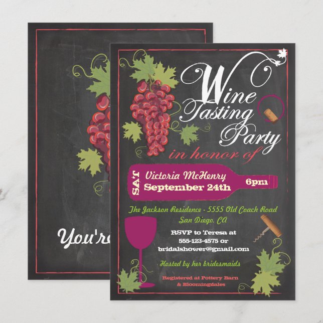 Chalkboard-inbjudningar till provningspartiet Vin Inbjudningar (Fram/baksida)