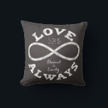 Chalkboard Infinity Kärlek Bröllop Date and Namn Kudde<br><div class="desc">Fira den oändliga kärlek mellan din favoritbrud och brudgumm med anpassadets kudde! En vit kritoändlighetssymbol och "Kärlek Alltid"-text omger ett pars namn och bröllop-datum på en svart krita. Gör en vacker,  modern,  personlig gåva.</div>