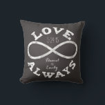 Chalkboard Infinity Kärlek Bröllop Date and Namn Kudde<br><div class="desc">Fira den oändliga kärlek mellan din favoritbrud och brudgumm med anpassadets kudde! En vit kritoändlighetssymbol och "Kärlek Alltid"-text omger ett pars namn och bröllop-datum på en svart krita. Gör en vacker,  modern,  personlig gåva.</div>