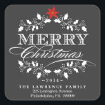 Chalkboard jul Holly Wandan Adress Stickers Fyrkantigt Klistermärke<br><div class="desc">Kvadratkuvert Förseglingsetiketter med returadress för Helgdag julkort - Elegant vintage chalkboard stil God jul helgdag design för hälsningskort och inbjudningar från säsong part. Utformning av vitaktig krans med finare med återtryck stil dekorativ typografi. Lägg till meddelandetexten för familjen namn eller personlig. Contemporary, klassiskt, modernt och snyggt sätt att skicka semesterhälsningar...</div>