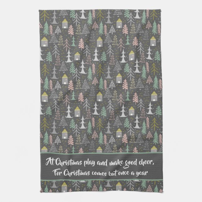 Chalkboard Julgranar and Houses Rosa Gult Kökshandduk (Vertikal)