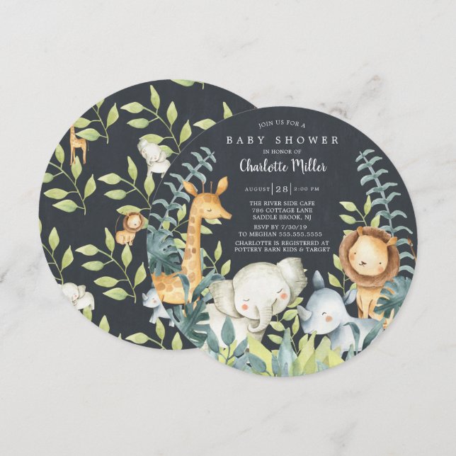 Chalkboard Jungle Animals Baby Shower Inbjudningar (Fram/baksida)