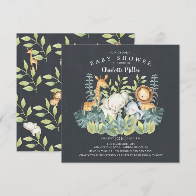 Chalkboard Jungle Animals Baby Shower Inbjudningar (Fram/baksida)