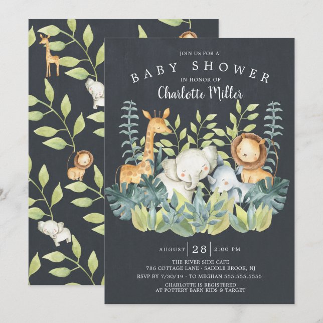 Chalkboard Jungle Animals Baby Shower Inbjudningar (Fram/baksida)