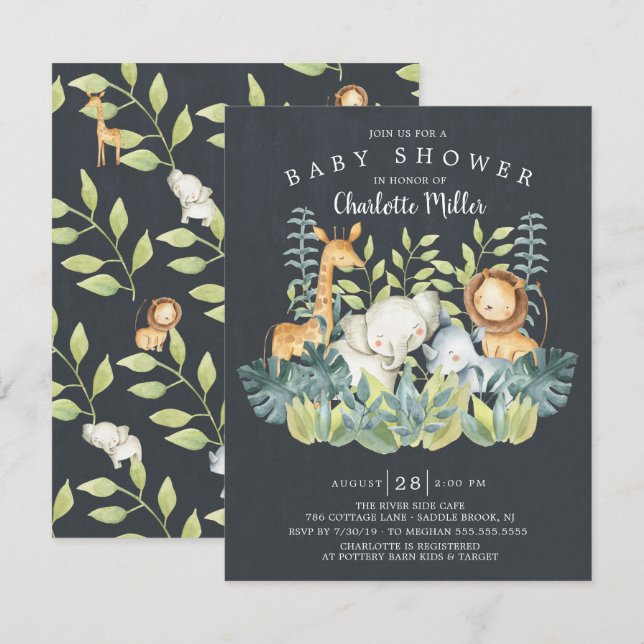 Chalkboard Jungle Animals Neutralt Baby Shower Inbjudningar (Fram/baksida)