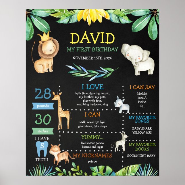 Chalkboard Jungle Safari Milestone First Birthday Poster (Framsidan)