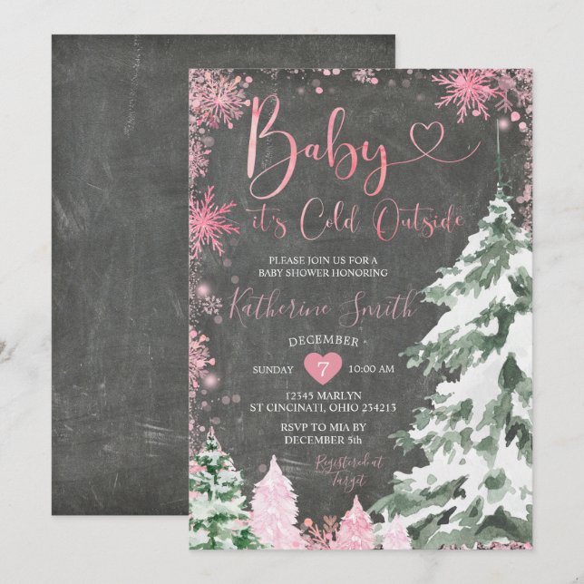 Chalkboard Kall Baby Shower Forest Rosa Snöflingor Inbjudningar (Fram/baksida)
