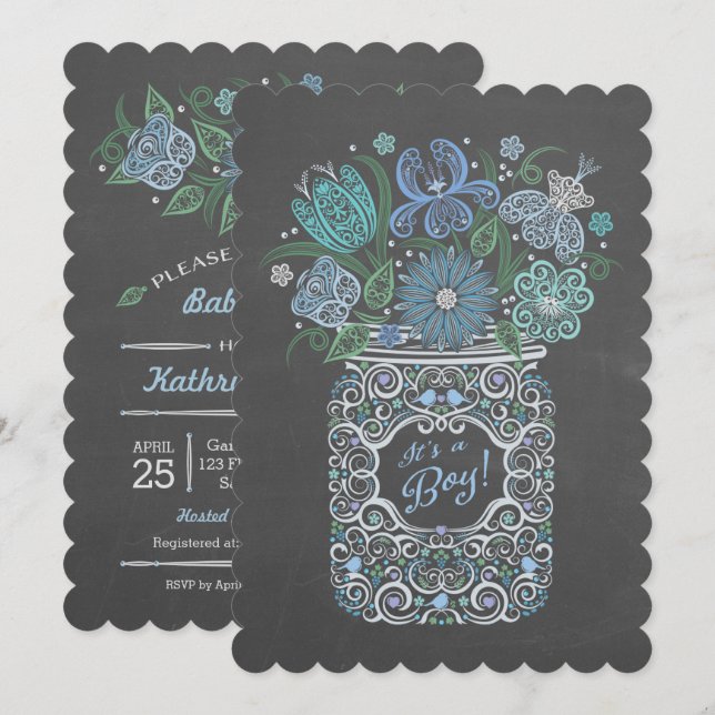 Chalkboard Lacy Mason Baby Shower Det är en pojke Inbjudningar (Fram/baksida)