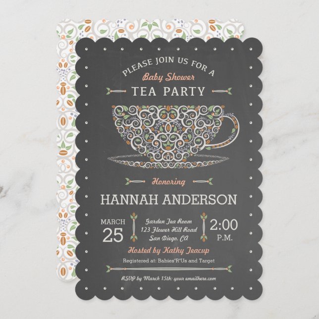 Chalkboard Lacy Tekopp Baby Shower-inbjudan Inbjudningar (Fram/baksida)