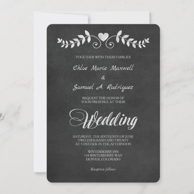 Chalkboard Laurel Löv Heart Wedding bjudande Inbjudningar (Framsida)