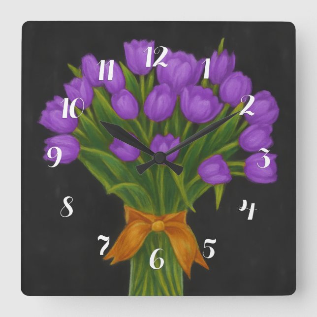Chalkboard Lila Tulips Fyrkantig Klocka (Framsida)