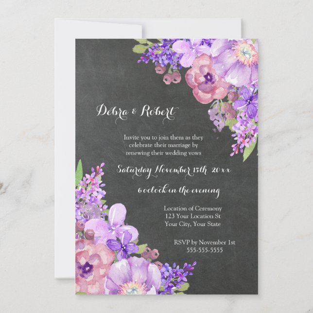 Chalkboard Lilac Lila blommor Vow Renewal Inbjudningar (Baksida)