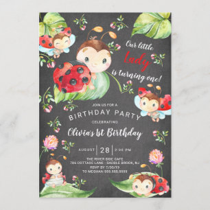 Chalkboard Little Dam Ladybug 1st Birthday Inbjudningar