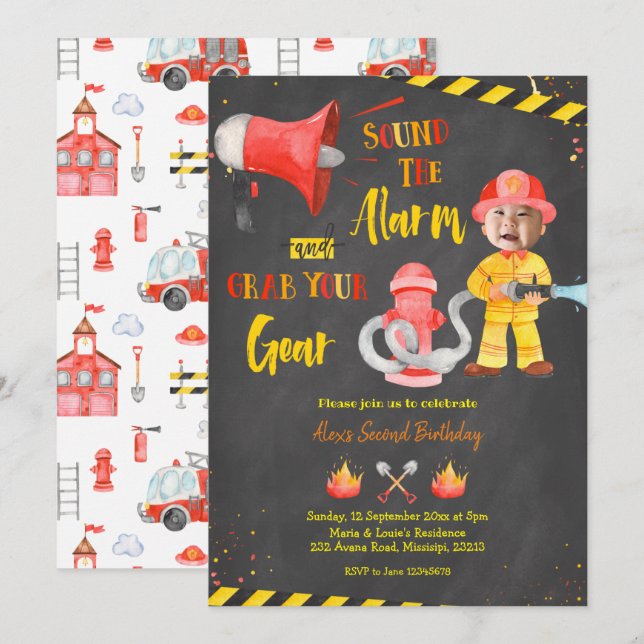 Chalkboard Little Firefighter med foto Inbjudningar (Fram/baksida)