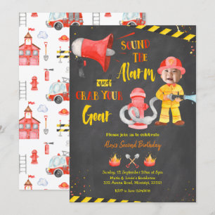Chalkboard Little Firefighter med foto Inbjudningar