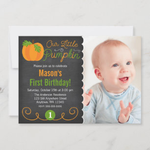 Chalkboard Little Pumpkin Grönt Orange Birthday Inbjudningar