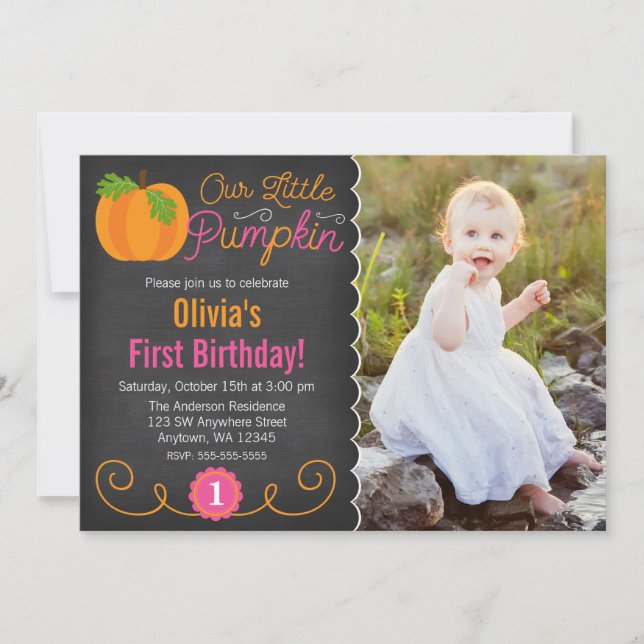 Chalkboard Little Pumpkin Rosa Orange Birthday Inbjudningar (Framsida)