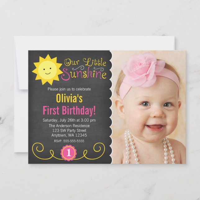 Chalkboard Little Sunshine Rosa Gult Birthday Inbjudningar (Framsida)