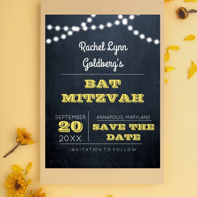 Chalkboard Ljus Golden Bat mitzvah Spara datum Meddelande Vykort (Skapare uppladdad)