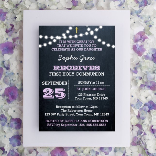 Chalkboard Ljus Lilac First Heliga Communion Inbjudningar (Skapare uppladdad)