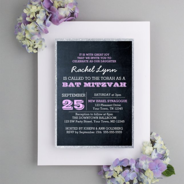 Chalkboard Ljus Lilac Glitter Gräns Bat mitzvah Inbjudningar (Skapare uppladdad)