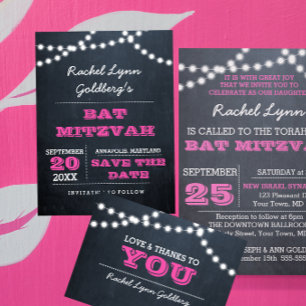 Chalkboard Ljus Mörk Rosa Bat mitzvah Spara Datum Meddelande Vykort