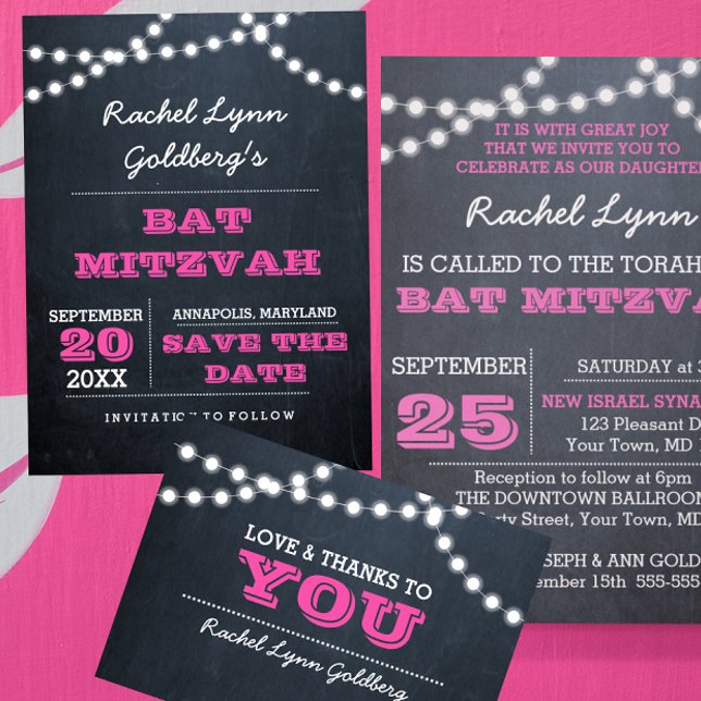 Chalkboard Ljus Mörk Rosa Bat mitzvah Tack Kort (Skapare uppladdad)