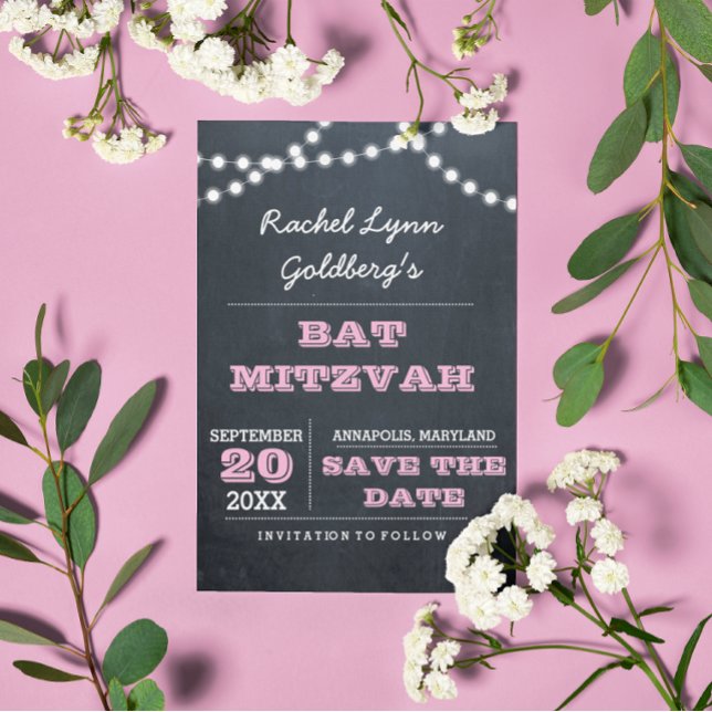 Chalkboard Ljus Rosa Bat mitzvah Spara datum Meddelande Vykort (Skapare uppladdad)