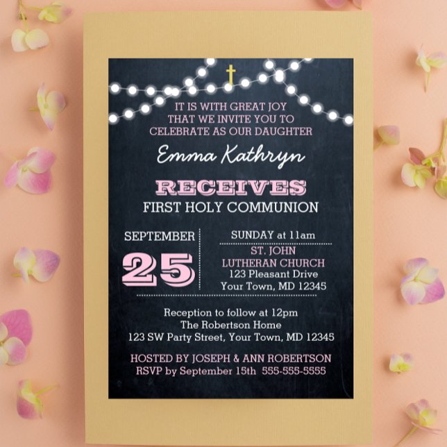 Chalkboard Ljus Rosa First Communion-inbjudan Inbjudningar (Skapare uppladdad)