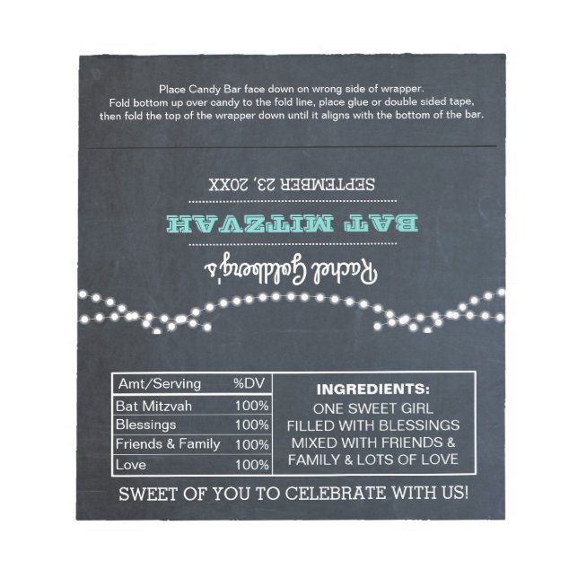 Chalkboard Ljus Teal Bat mitzvah Candy Wrappers Anteckningsblock (Framsida)