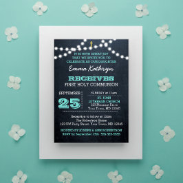 Chalkboard Ljus Teal First Communion-inbjudan Inbjudningar
