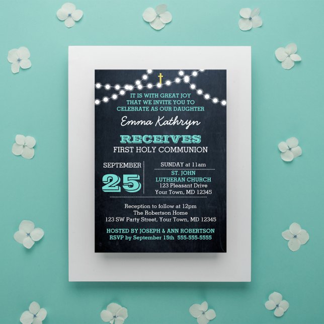 Chalkboard Ljus Teal First Communion-inbjudan Inbjudningar (Skapare uppladdad)