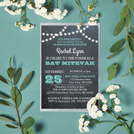 Chalkboard Ljus Teal Silver Gräns Bat mitzvah Inbjudningar