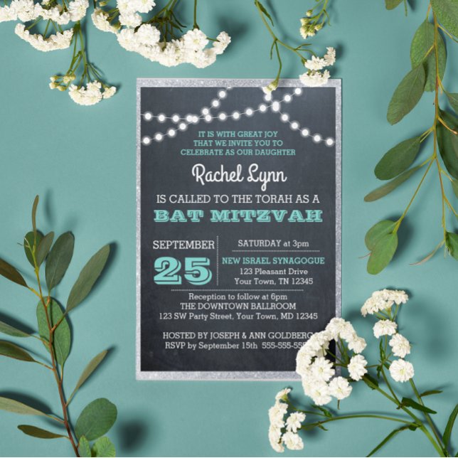 Chalkboard Ljus Teal Silver Gräns Bat mitzvah Inbjudningar (Skapare uppladdad)