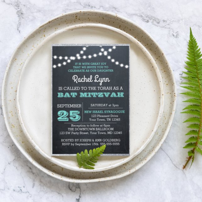 Chalkboard Ljus Teal Silver Gräns Bat mitzvah Inbjudningar (Skapare uppladdad)