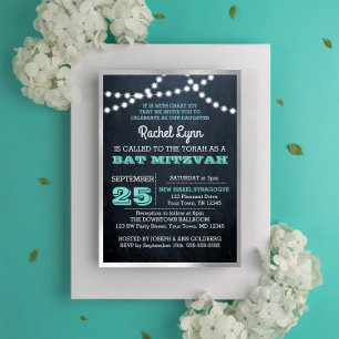 Chalkboard Ljus Teal Silver Struktur Bat mitzvah Inbjudningar