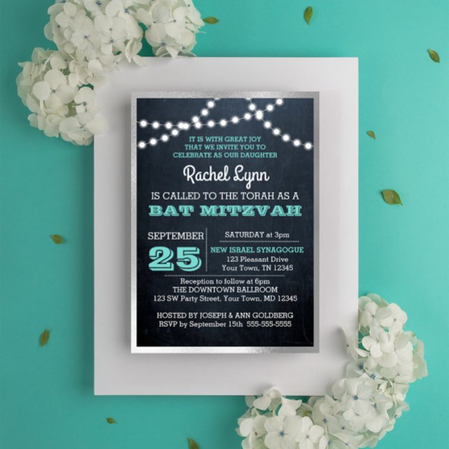 Chalkboard Ljus Teal Silver Struktur Bat mitzvah Inbjudningar (Skapare uppladdad)