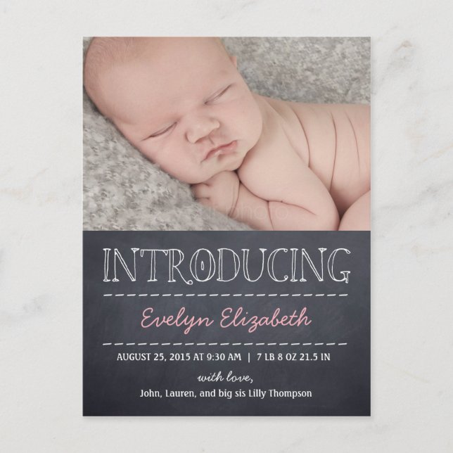 Chalkboard look Birth Notice - Rosa Meddelande Vykort (Framsida)
