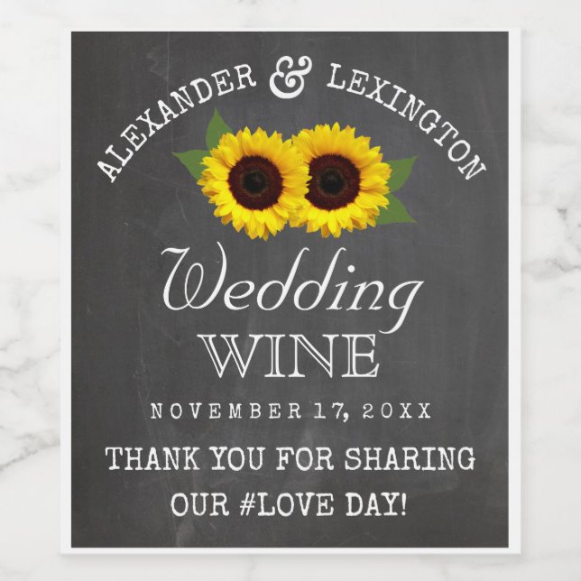 Chalkboard look Sunblommor Rustic Country Weding Vinflaska Etikett (Singel etikett)